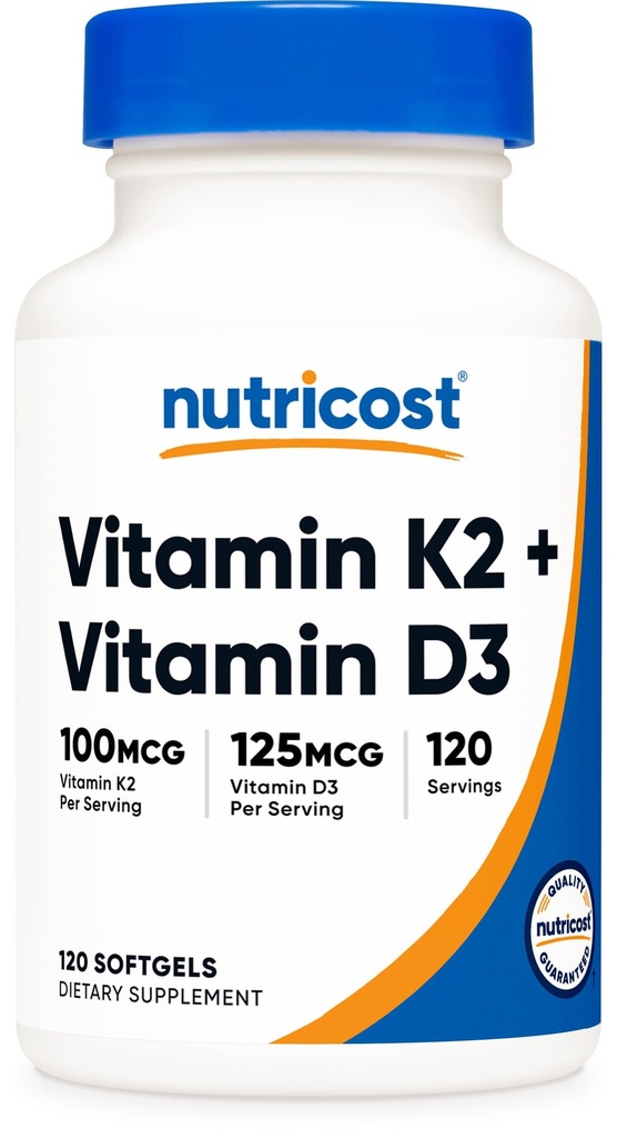 Nutricost Vitamin D3 + K2 (5000 IU D3 / 100mcg MK7), 120 Softgels – Gluten-Free & Non-GMOMO