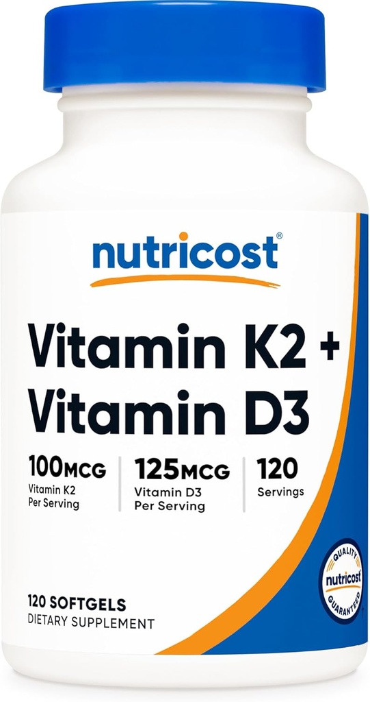 Nutricost Vitamin K2 (MK7) (10006) + Vitamin D3 (5000 IU) 120 Softgels - Gluten Free ve Non-GMOMO