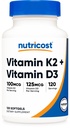 Nutricost Vitamin D3 + K2 (5000 IU D3 / 100mcg MK7), 120 Softgels – Gluten-Free & Non-GMOMO