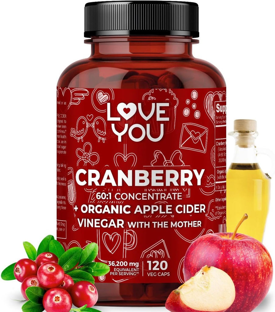 Love You Cranberry 60:1 Extract + Βιολογικό Ξίδι μηλίτη μήλου – Μέγιστη Δύναμη 36,200 mg Ισοδύναμες – 120 κάψουλες Vegan – Ουροτραχύτητα & Πεπτικό Υποστήριξη