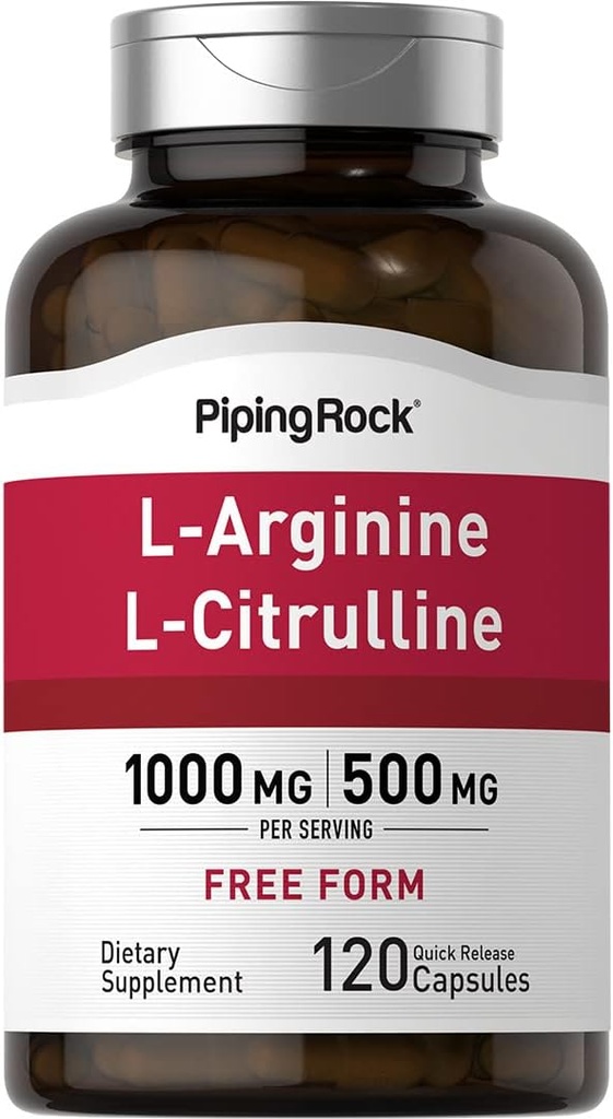 Piping Rock L-Arginine L-Citrulline Supplement | 1500 mg | 120 Capsules | Erkekler ve Kadınlar için | Non-GMO, Gluten Ücretsiz