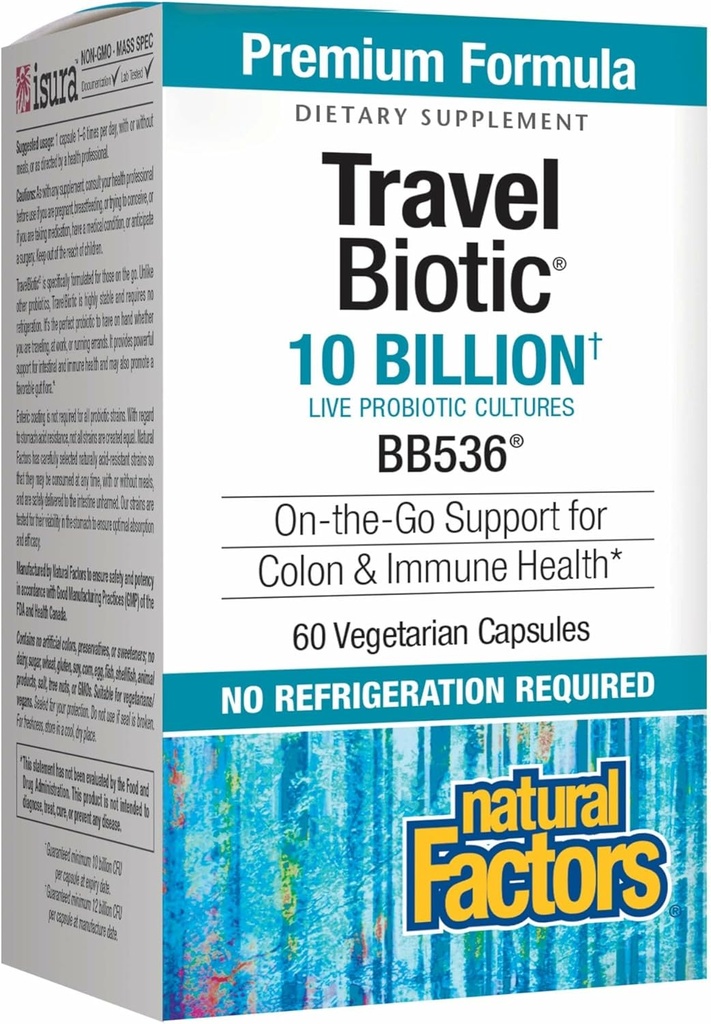 Doğal Faktörler, TravelBiotic, Supports Colon ve Immune Health, Raf Stable Probiyotik Supplement, 10 Milyar CFU, Vegan, 60 Capsules (60 hizmet)