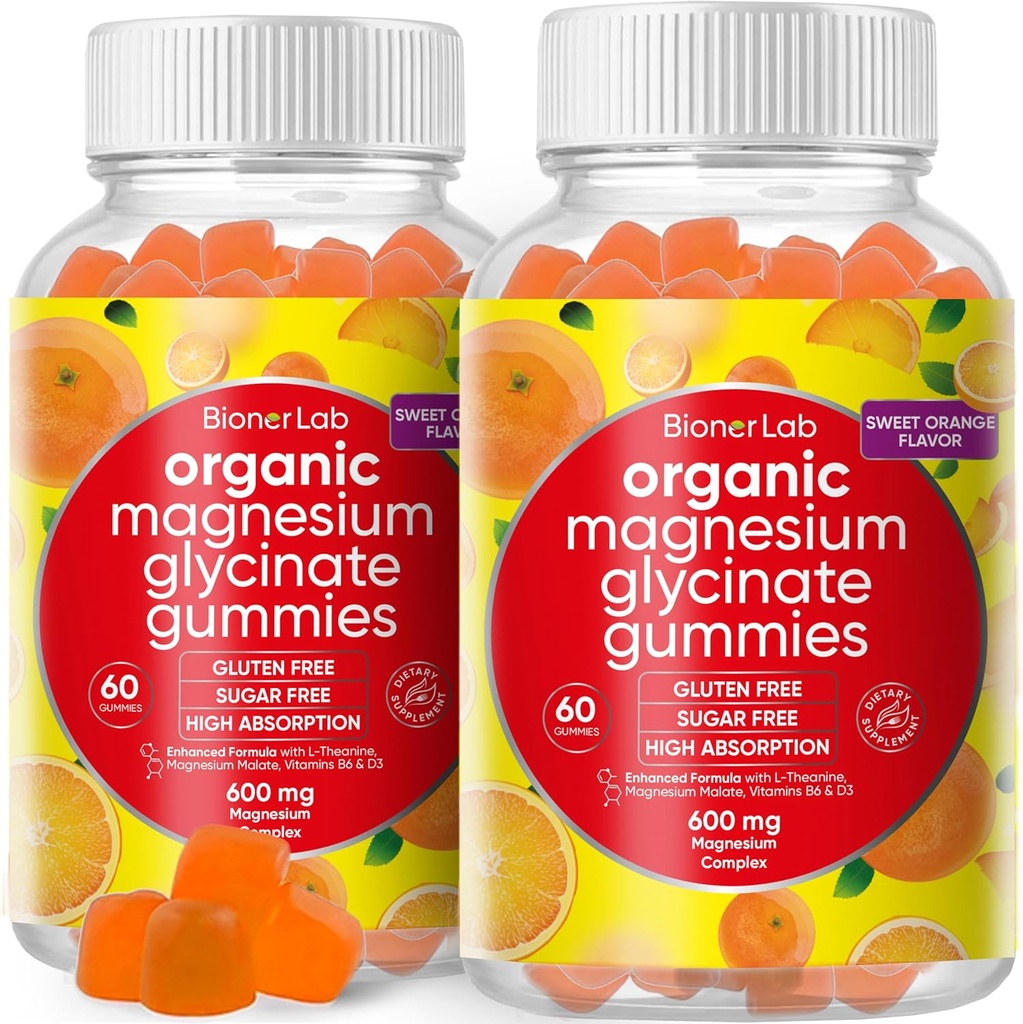 BionerLab Μαγνήσιο Γλυκινικό Μασώμενα Gummies (600mg) για Παιδιά & Ενήλικες Γυναίκες Ανδρες - Vegan Complex with Calcium Pastium Vitamin D B6 L-Theanine - Ζάχαρη & Χωρίς Γλουτένη - Πορτοκαλί Γεύση