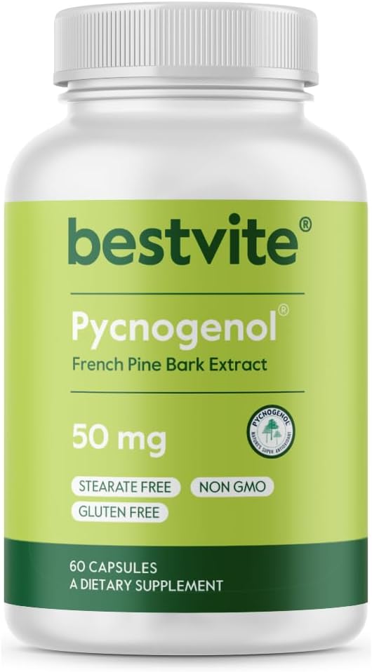 BESTVITE Pycnogenol 50 mg (60 Capsules) - Fransız Deniz Havva Bark Ekstraksiyonu - Stearates - Gluten Free - Non GMO