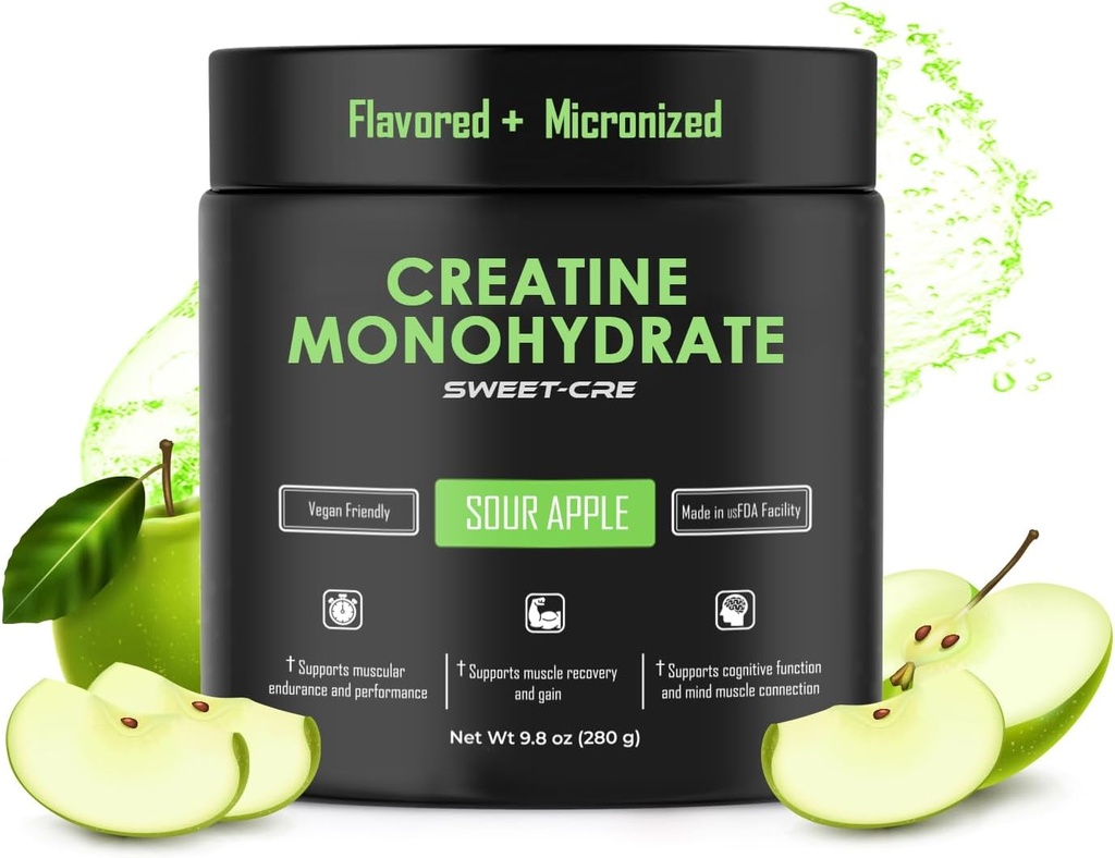 Kretine Monohidrat – 5g Kretine Monohidrat Toz – Kadınlar ve Erkekler için Gelişmiş Kre Supplements Kretin – Lezzetli Meyveler - 10oz (40 Hizmet, Sour Apple)