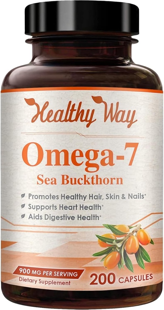 Pure Omega 7 Fatty Acids 200 Capsules 900 mg Natural Sea Buckthorn Oil, NON-GMO USA Made