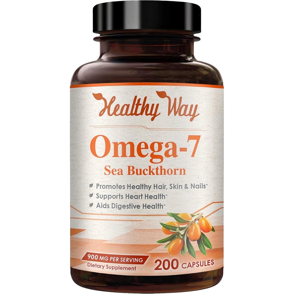 Pure Omega 7 Fatty Acids 200 Capsules 900mg Natural Sea Buckthorn Oil, NON-GMO USA Made