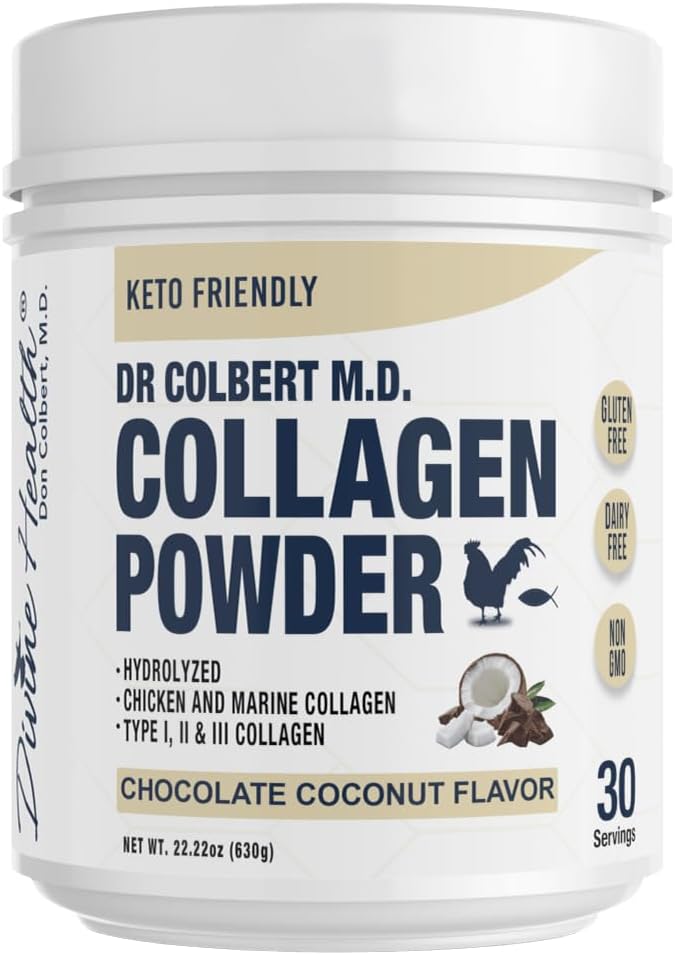 Dr. Colbert, MD Hydrolyzed Collagen Toz | Chocolate Coconut Flavor | İlahi Sağlık tarafından | Tip I, II, III Collagen | Sağlıklı Saç, Skin, Nails ve Ortaklar | DW Bölgesi | 630g | 30 Hizmet
