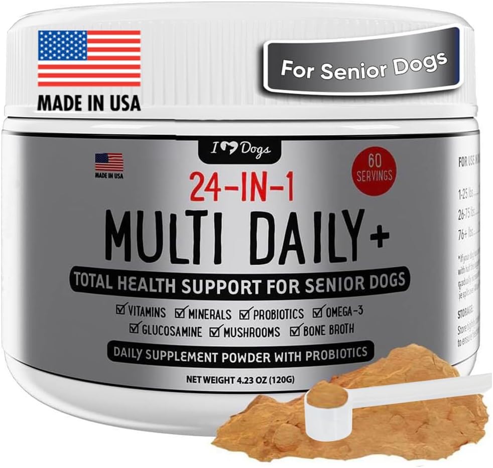 iHeartDogs 24 in-1 Senior Multivitamin Daily+ Total Health Support Powder with Probiotics, Omega-3, Glucosamine, Mushrooms & Broth- 60 Servings