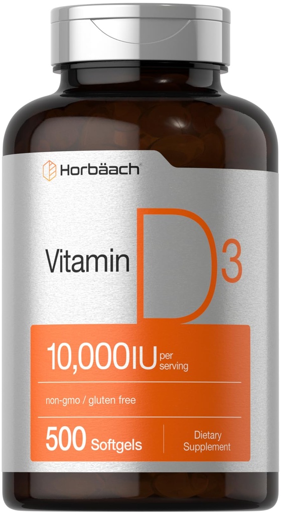 Horbäach Vitamin D3 10000 IU | 500 Softgels | Non-GMO, Gluten Free Supplement | Değer Boyutu | 250mcg | Yüksek Potency Formula Formula