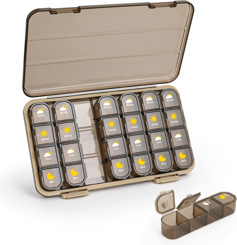 Pill Organizer 4 φορές την ημέρα, 7 ημέρες κουτί χάπια 4 φορές την ημέρα - Acedada εβδομαδιαίο κουτί ιατρικής Organizer με ξεχωριστή περίπτωση, φορητός ημερήσιο δοχείο συσκευασίας για συμπληρώματα ιχθυελαίων βιταμίνης, καφέ