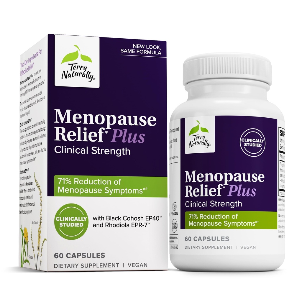 Terry Natural Menopause Relief Plus - Menopause Symptom Supplement - Supplement to Aid Against Occasional Tiredness & Night Ters - Supplement with Rhodiola & Black Cohosh - 60 Capsules