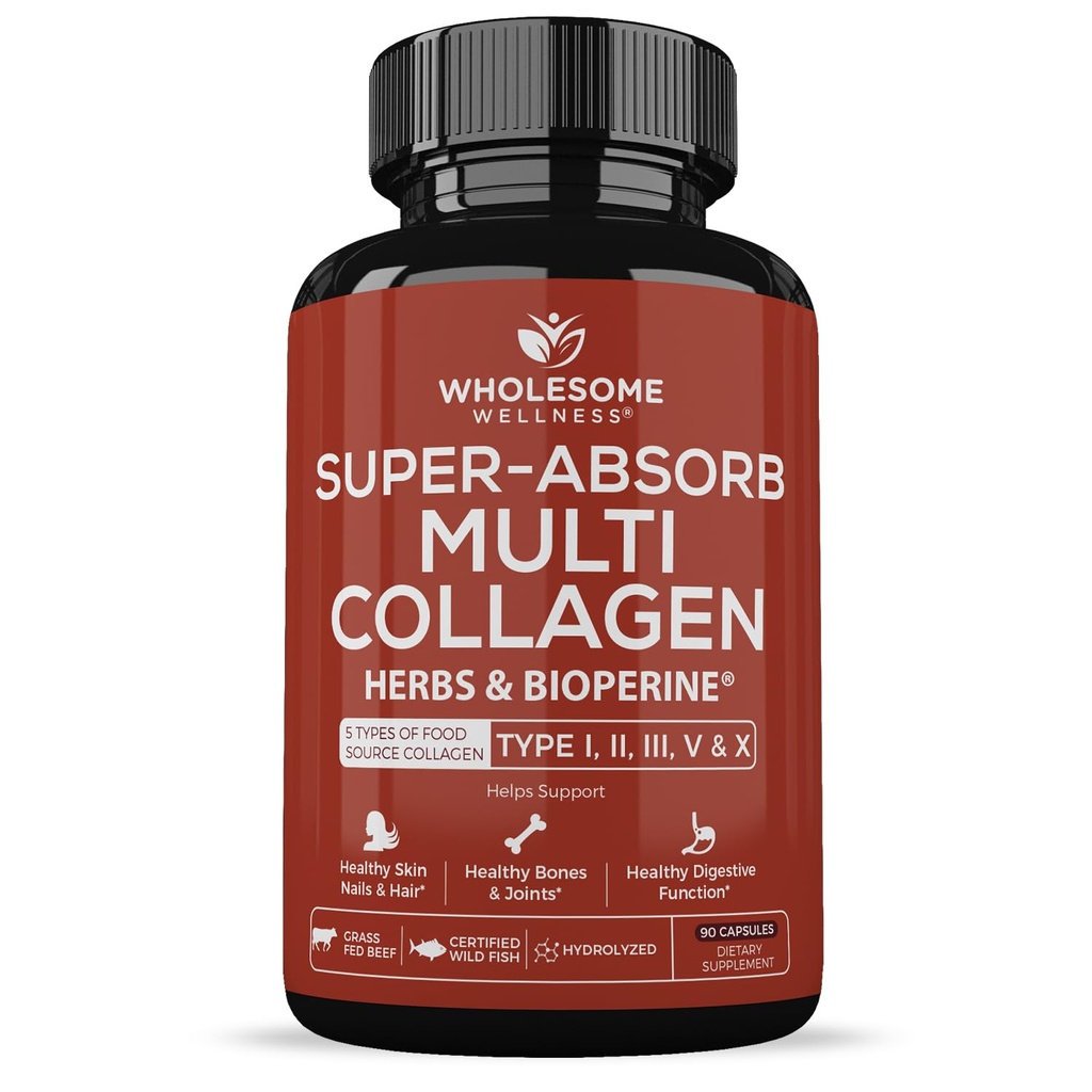 Allsome Wellness Super-Absorb Multi Collagen Pills (Type I II III V X) Organik Herbs & Bioperine - Saç, Skin, Nails - Hydrolyzed Peptides Protein Supplement for Women & Men (90 Capsules)