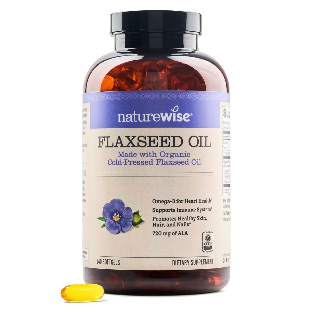 NatureWise Flaxseed Oil 1.242 mg, Fish Free Omega 3 6 9 with 720mg ALA, Diyeter Supplement for Heart Health Support - Organik, Cold Pressed, Non-GMO - 240 Softgels[8-Month Supply]