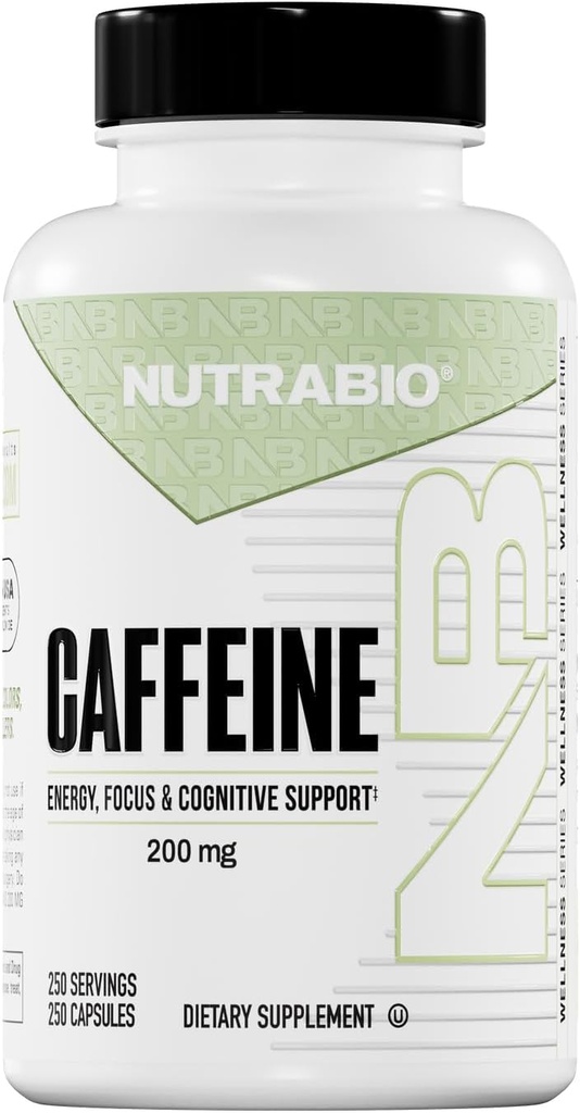 NutraBio 100% Καθαρά Καψάκια καφεΐνης (250 Καψάκια)