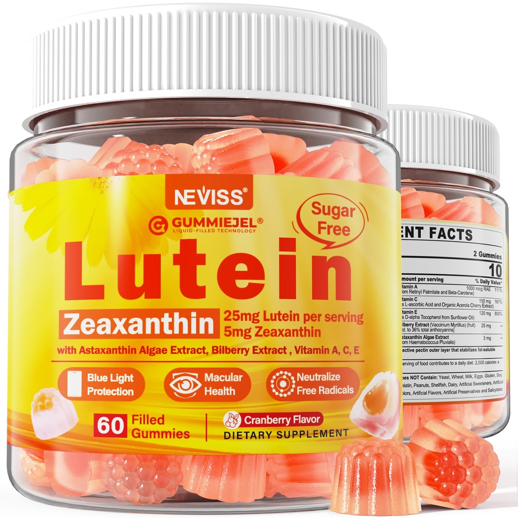 Sugar-Free Lutein Zeaxanthin Supplements Gummies (25 mg) Vitaminler A, C, E, Bilberry, Astaxanthin - Daha İyi Absorpsiyon için Piramit Yağı - Yetişkinler ve Gençler Vizyon Sağlığı, Göz Strain, Kuru Gözler - Vegan, 60Cts