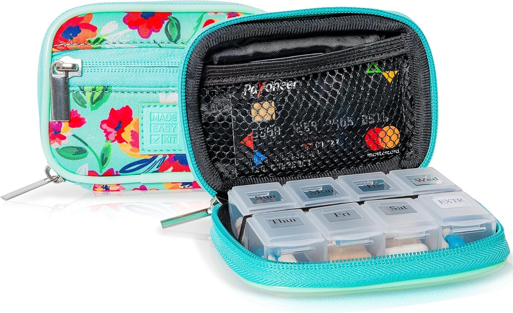 Made Easy Kit Pill περίπτωση για την καθημερινή και τα ταξίδια - 7-Day Weekly Medicine Συμπληρωματικό Vitamin Organizer Tracker - Neoprene τσάντα με τσέπες - Compact Portable 8 Διαμερίσματα (Teal)