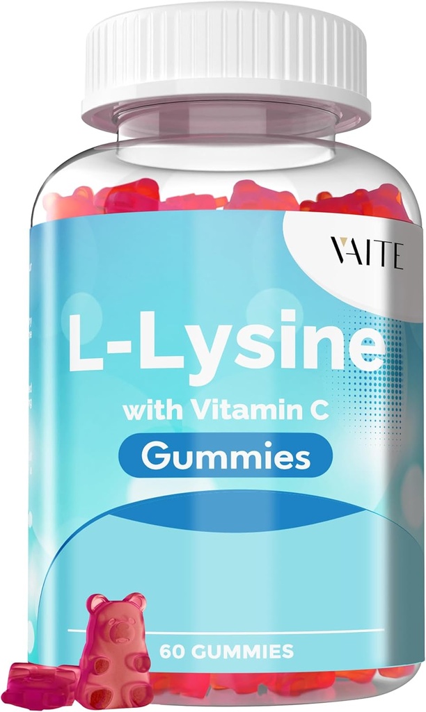 VAITE L-Lysine 800mg Gummies with Vitamin C - Skin, Lip & Cold Sore* Υποστήριξη για τις γυναίκες - Lysine για ενήλικες, Υποστηρίζει την υγεία ιστού & ανοσοποιητικό σύστημα, Amino Acid & Complex Συμπληρώματα, 60 Vegan Chewable