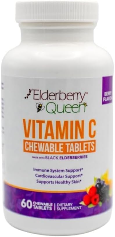 Elderberry Queen Chewable Vitamin C 500mg - Ανοσοποιητική ενίσχυση & αντιοξειδωτικά δισκία υποστήριξης με βιταμίνη Α, Ε & Βιολογική εχινάκεια, Πρεσβύτερα φρούτα, Acerola - Φυσικό συμπλήρωμα διατροφής, 60 Count