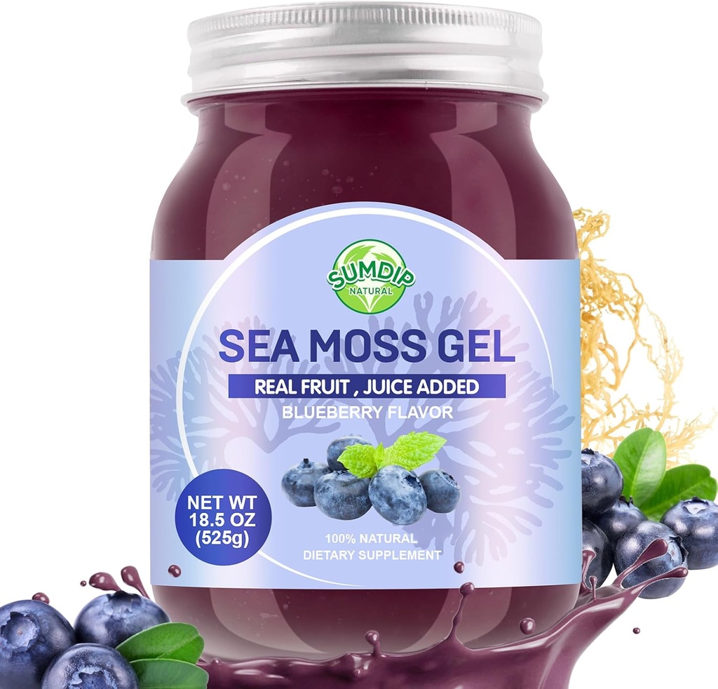 Sea Moss Gel, 18.5OZ Raw Flavored Irish Seamoss Gel Immune ve Digestive Support Vitamin Mineral Supplements, Blueberry