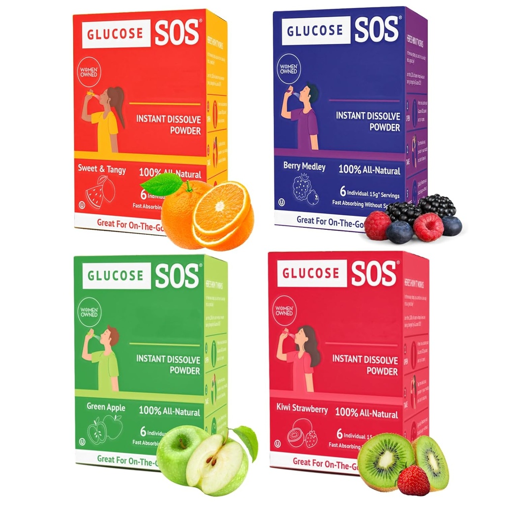 Glucose SOS Glucose Packets with Natural Dextrose, Fast-Abions That Instantly Dissolves in Your Mouth with No Water Needed, 4 Flavor Çeşitli 24 Hizmetler