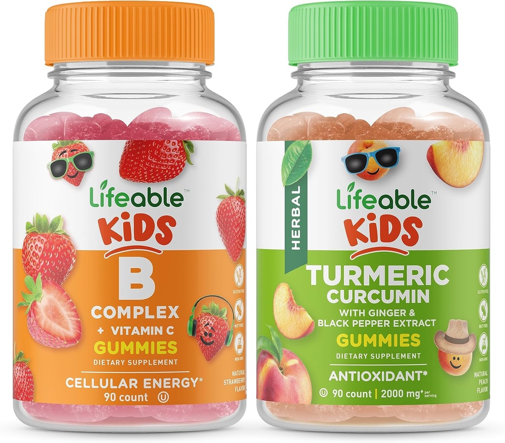 Lifeable B Complex Kids + Turmeric Curcumin Kids, Gummies Bundle - Great Tasting, Vitamin Supplement, Gluten Free, GMO Free, Chewable Gummy