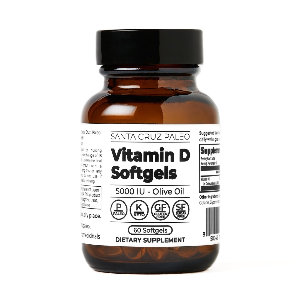 Santa Cruz Paleo Vitamin D Supplement, Bone Health & Immune Support, 5000 i.u. Per Softgel, Gluten Free, Keto, Sugar Free, Paleo, D3, Zeytinyağı için Zeytinyağı, Doğal Malzemeler, 60 Softgels