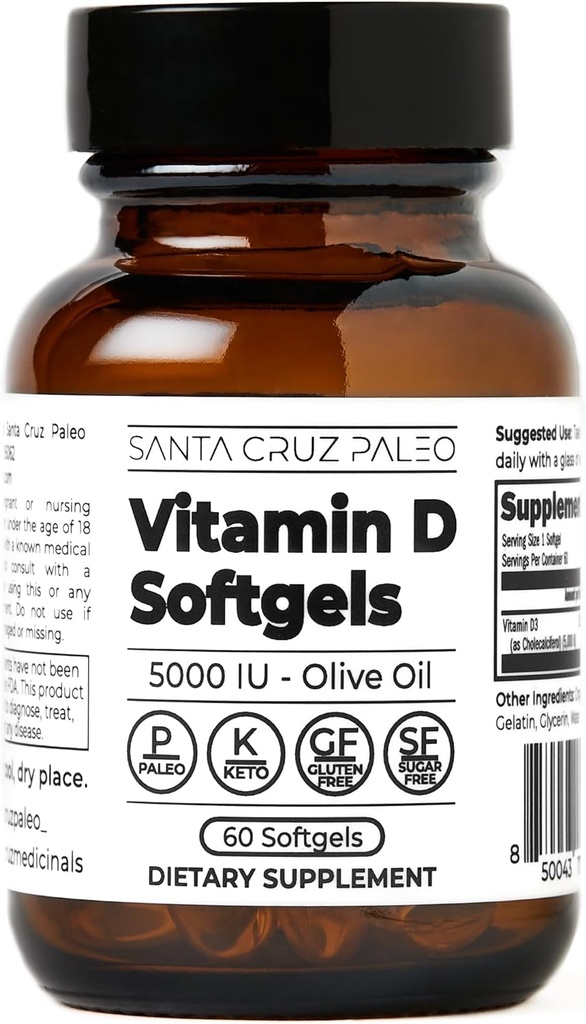 Santa Cruz Paleo Vitamin D Supplement, Bone Health & Immune Support, 5000 i.u. Per Softgel, Gluten Free, Keto, Sugar Free, Paleo, D3, Zeytinyağı için Zeytinyağı, Doğal Malzemeler, 60 Softgels