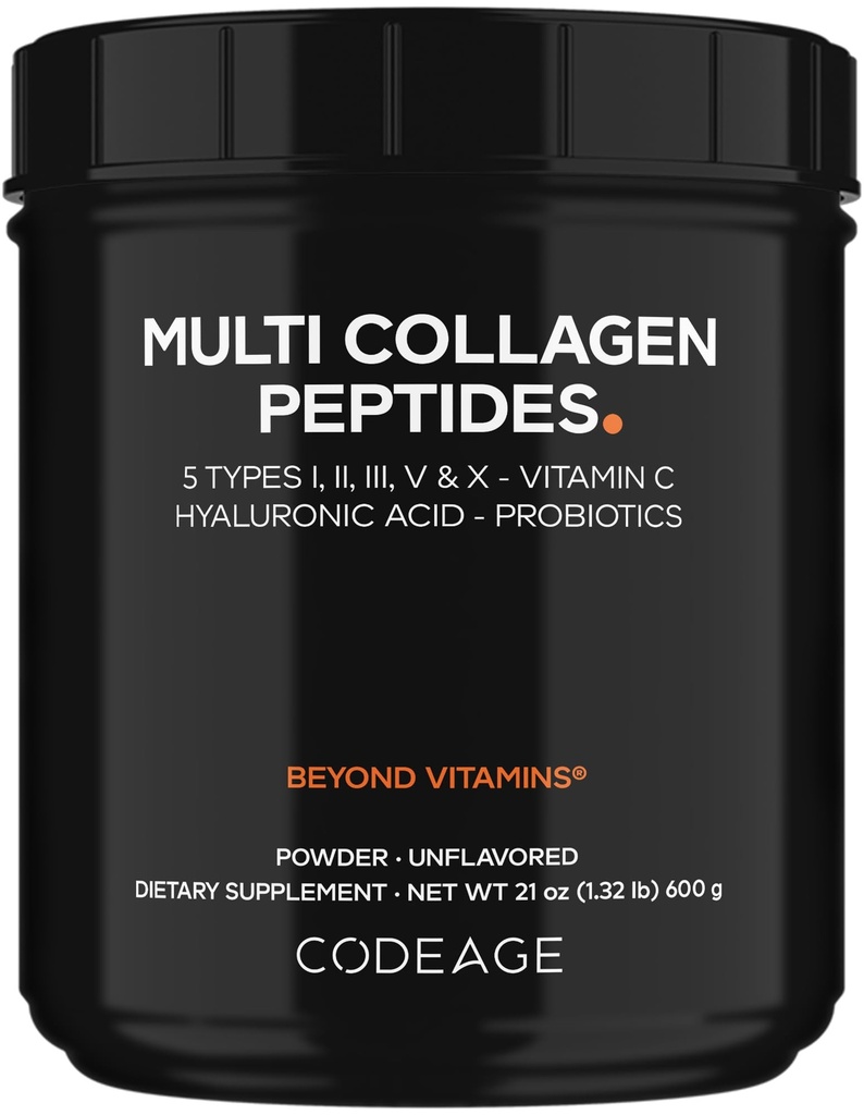 Kodage Multi Collagen, + Probiyotiks Black Edition, C, Hyaluronic Acid Toz Supplement, Grass-Fed, Pasture-Raized, Hydrolyzed, Zero Carbs, Tip I, II, III, V & X, Unflavored, 21oz