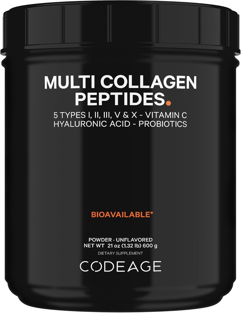 Kodage Multi Collagen, + Probiyotiks Black Edition, C, Hyaluronic Acid Toz Supplement, Grass-Fed, Pasture-Raized, Hydrolyzed, Zero Carbs, Tip I, II, III, V & X, Unflavored, 21oz