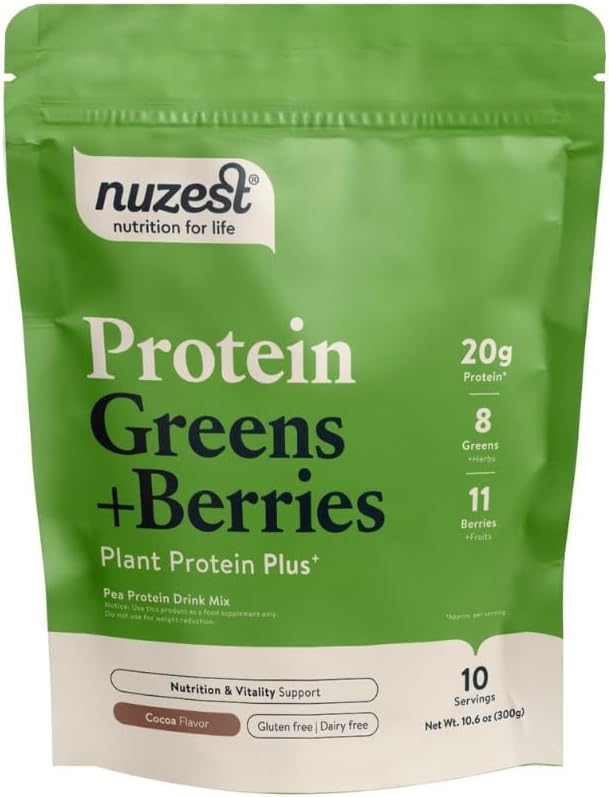 Nuzest – Protein Yeşiller + Grab – Superfood Toz – Plant proteini - 300g / 10.6 oz Pouch (10 Hizmet) (Cocoa, 300g) (Cocoa, 300g)