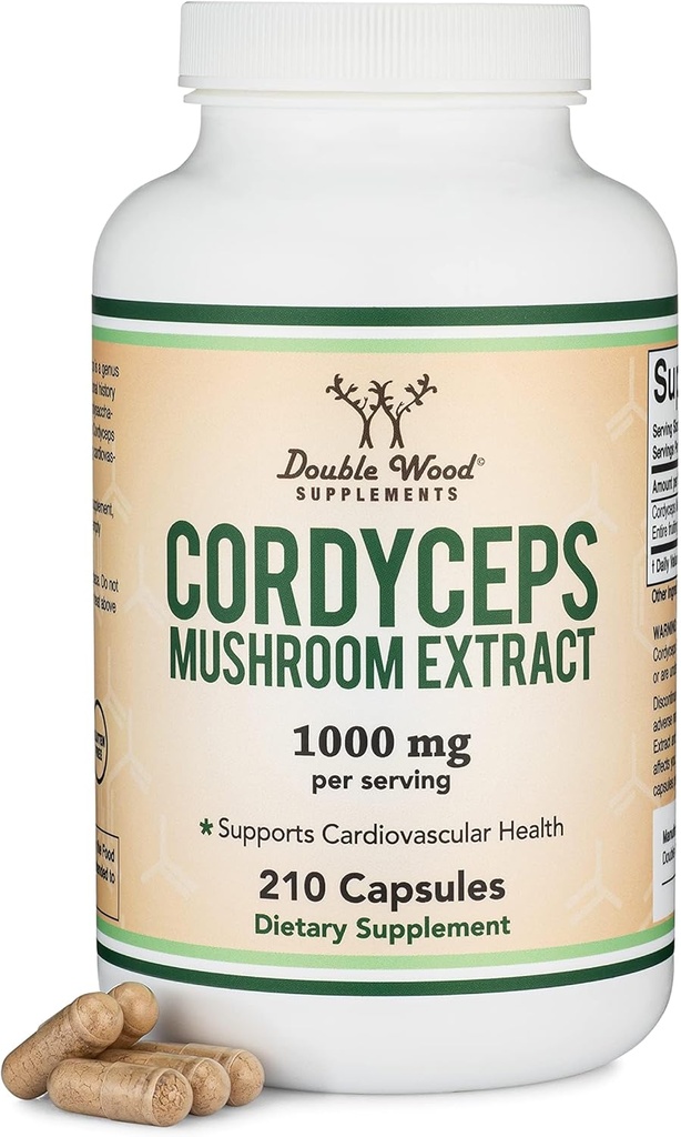 Cordyceps Capsules (Cordyceps Sinensis Mushroom Extract) 210 Count, 3.5 Ay Supply, 1.000MG (% 100 Polysaccharides with Alfa and Beta Glucans) Genel olarak ve Aging Support Double Wood