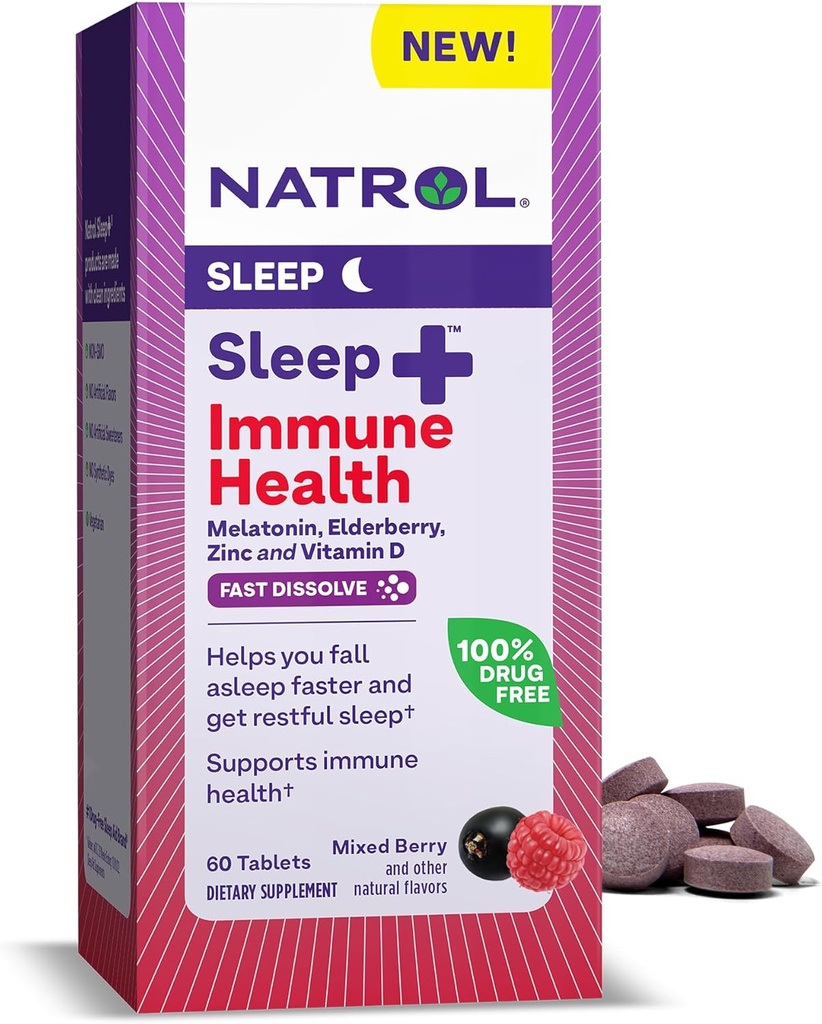 Natrol Sleep + Immune Health Melatonin 6mg with Elderberry, çinko ve Vitamin D, Diyetsel Tamam for Restful Sleep ve Immune Support, 60 karma Berry-Flavored Fast Dissolve Tabletleri, 60 Day Supply
