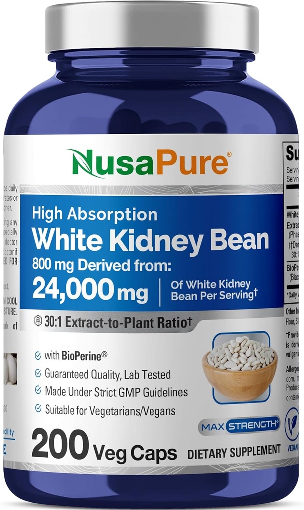 NusaPure White Kidney Beans 30:1 Ekstraksiyon, 800 mg 24.000 mg 200 Vegan Capsules - Bioperine - (Vegan, Non-GMO)