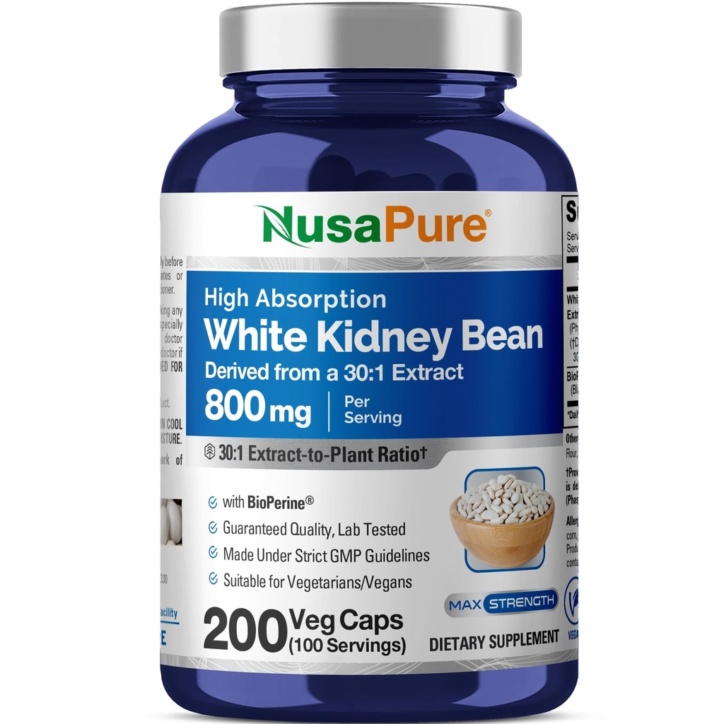 NusaPure White Kidney Beans 30:1 Extract, 800 mg Ισοδύναμο με 24.000 mg 200 Vegan Capses - Bioperine - (Vegan, Non-GMO)