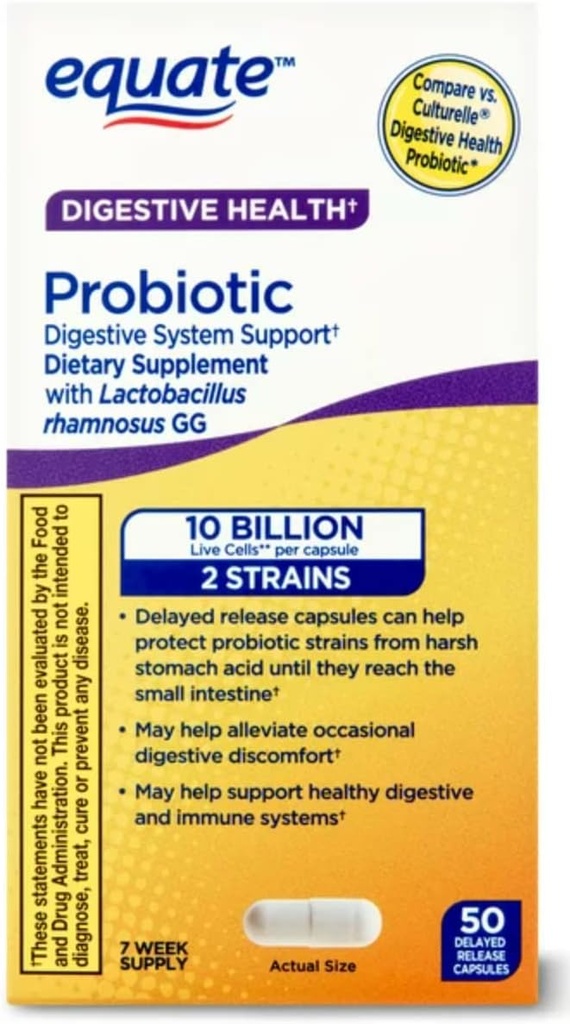 Equate Probiyotik Supplement Digestive System Support - General Digestive Health Support - Minireads Constipation, Diarrhea, Gas & Bloating -Delayed Release Capsules, 50 Counting