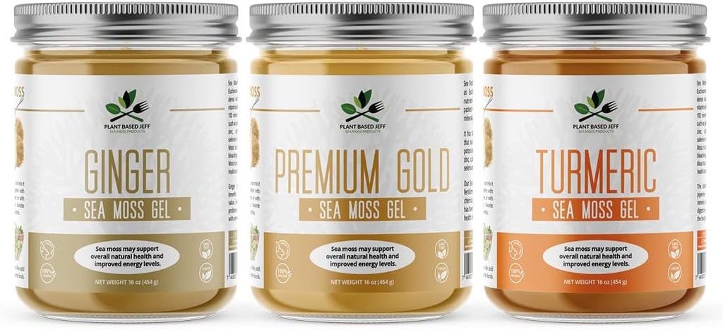 Με βάση το φυτό Jeff Organic Sea Moss Gel Bundle με Turmeric, Ginger, Plain, 3x16 oz. Φυσικό Wildcraft Superfood, Immune Defense και Digestive Υποστήριξη, Μη-GMO, Vegan και Keto