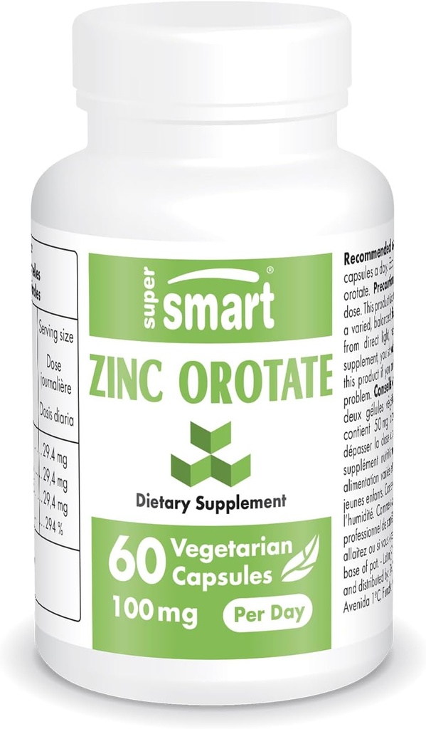 Supersmart - Çinko Orotate Supplement 100 mg per Day (Enhanced Form) - Immune Support - Energy & Metabolism ATM - Mild Acne Pills - Skin Health | Non-GMO & Gluten Free - 60 Vegetarian Capsules
