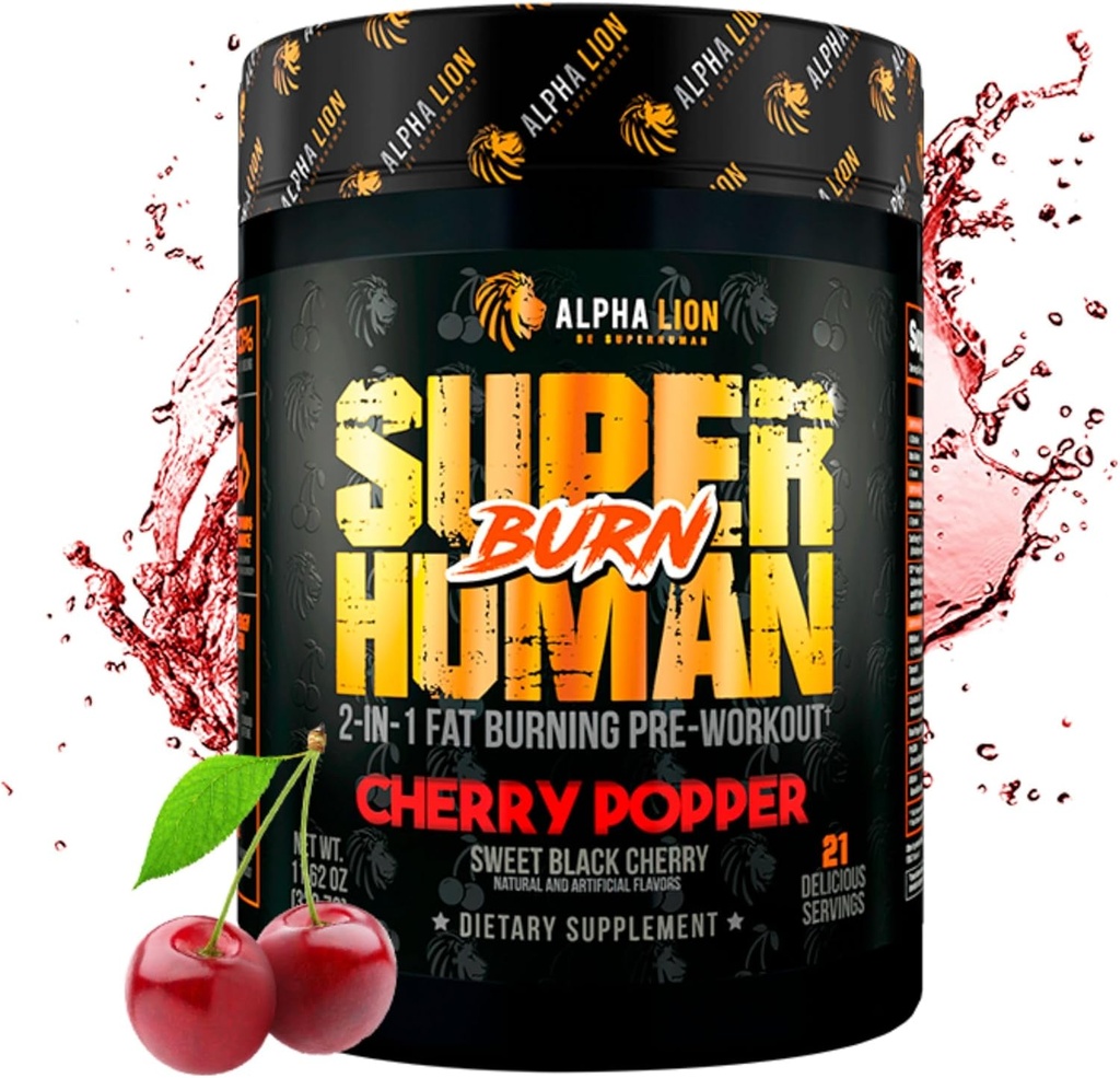 ALPHA LION Superhuman Burn - 1 Metabolism ATM Pre Workout and Thermogenic Fat Burner for Men – Appetite Suppressant ve Kilo Kaybı Tamam (21 Hizmetler, Sweet Black Cherry Flavor)