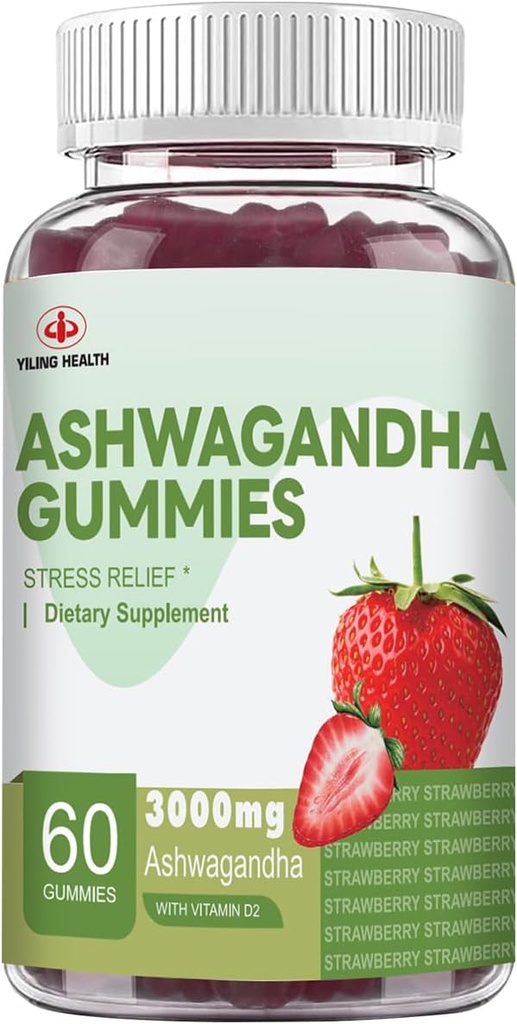 YiLing Ashwagandha Gummies for Women & Men, 3000 Mg of High-Potency Ashwagandha Root Extract Boosts Energy, Finds Sleep, Relieves Stres ve Calms Mood, 60 Kont Strawberry Flavor Ashwagandha