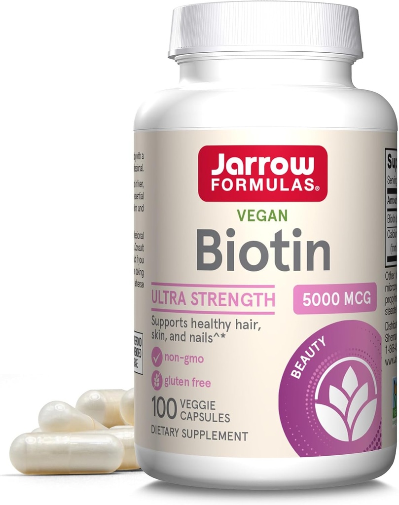 Jarrow Formulas® Biotin Ultra Strength 5000 mcg, Diyet Tamam, Saç, Skin ve Nails Desteği, 100 Veggie Capsules, 100 Day Supply 5000 mcg, Up to 100 Day Supply