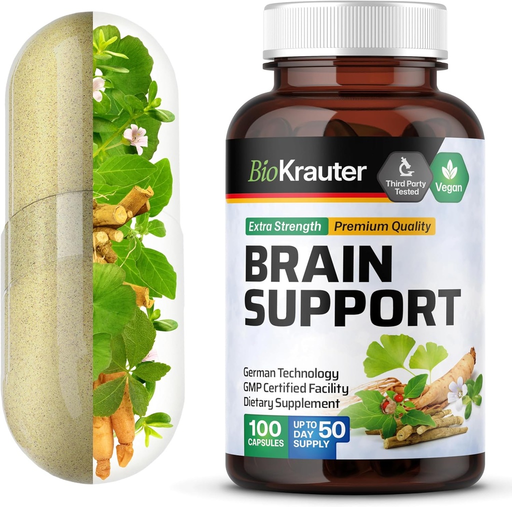 Συμπλήρωμα υποστήριξης εγκεφάλου BIO KRAUTER - 100 Count - 1300 mg Blend Ashwagandha, Panax Ginseng και Ginkgo Biloba - Vegan, χωρίς πληρωτικά