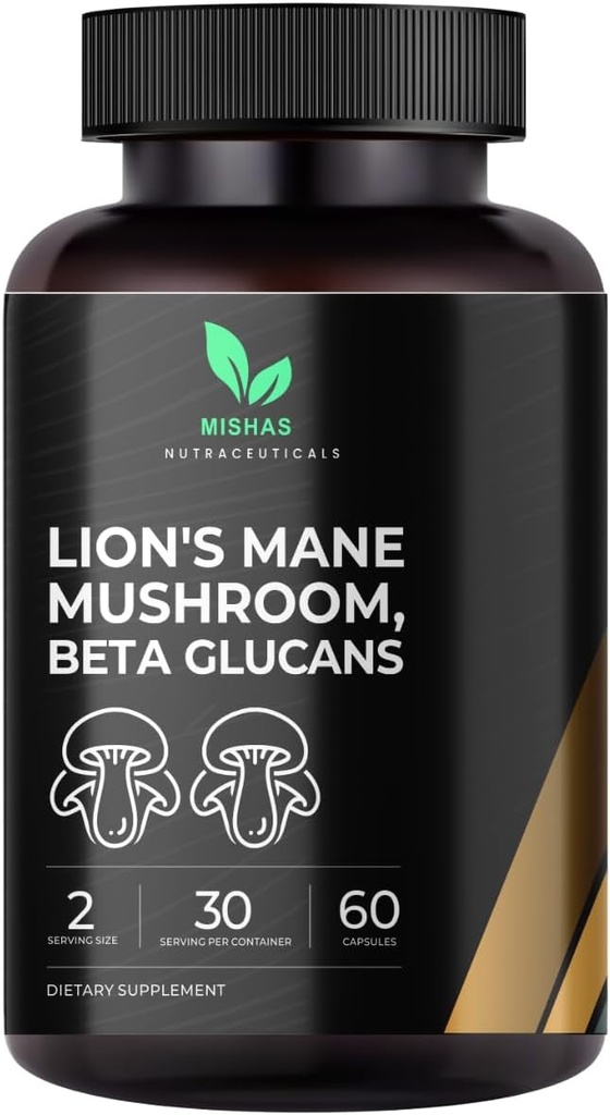 Mishas Lions Mane Supplement - Organik Lions Mane - Beyin Sağlık Desteği - Oda Focus & Memory, Immune & Nervous Function System Women & Men - 60 Vegan Capsules Mane - Brain Health Support - Mushroom Support for Focus & Memory, Immune & Nervous Function System Women & Men - 60 Vegan Capsules