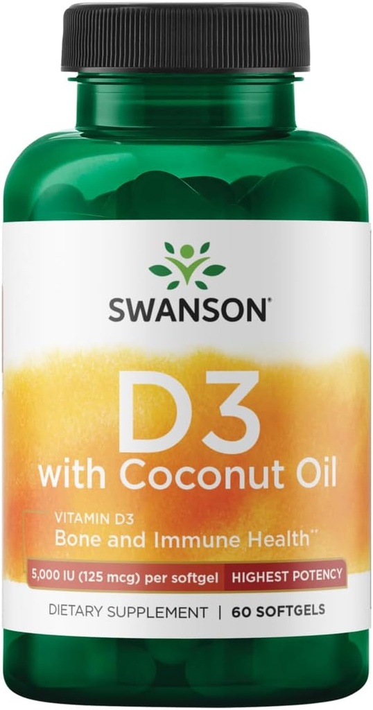 Σουάνσον Υψηλής Ικανότητας Βιταμίνη D-3 w/Coconut - Φυσικό συμπλήρωμα που προωθεί την υγεία των οστών & ανοσοποιητικό σύστημα Υποστήριξη - Μπορεί να βοηθήσει στην αύξηση της απορρόφησης ασβεστίου - (60 Softgels, 125mcg κάθε)