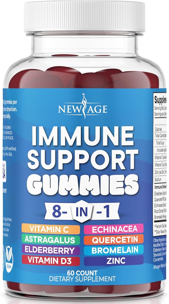 NEW AGE 8 in 1 Immune Support ATM Supplement with Elderberry, C ve çinko 50 mg, D 5000 IU, Quercetin & Bromelain (8 in 1 Gummies (Pack of 1))