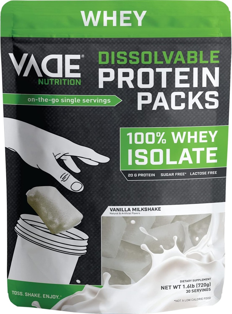 VADE Beslenme Engelli Protein Paketleri -% 100 Whey Isolate Protein Toz Vanilla Milkshake - Low Carb, Low Calorie, Lactose Free, Sugar Free, Fat Free, Gluten Free - 30 Packets to Go
