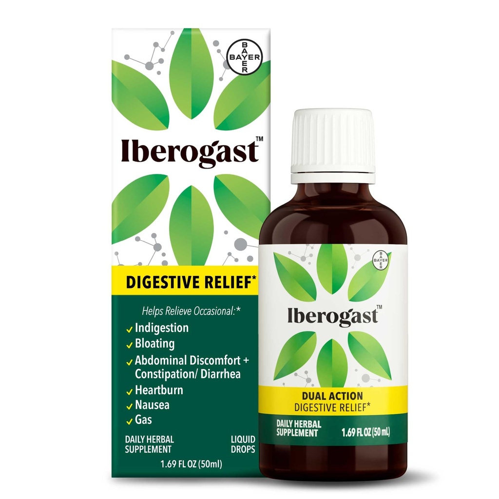 Iberogast Liquid Drops, Herbal Relief of Stomach Upsets: Occasional Indigestion, Bloating, Gas, Nausea, Upset Stomach; Gluten Free; 6-Herb Blend with Iberis Amara, Peppermint, Licorice; 50mL