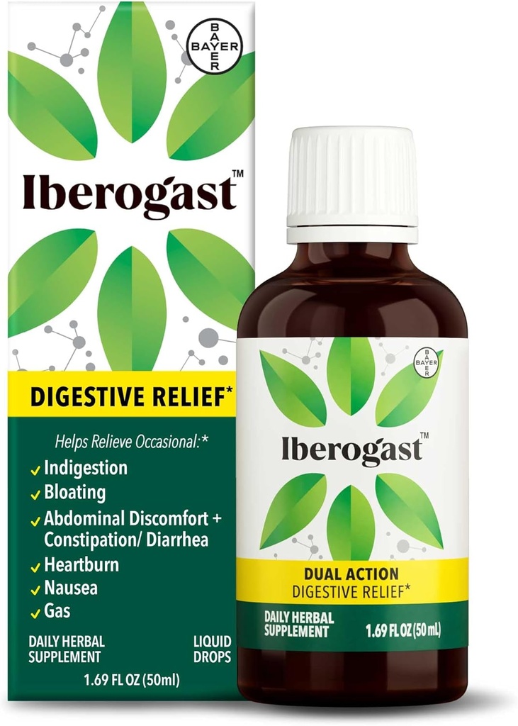 Iberogast Liquid Drops, Herbal Relief of Stomach Upsets: Occasional Indigestion, Bloating, Gas, Nausea, Upset Stomach; Gluten Free; 6Herb Mix with Iberis Amara, Peppermint, Licorice; 50mL