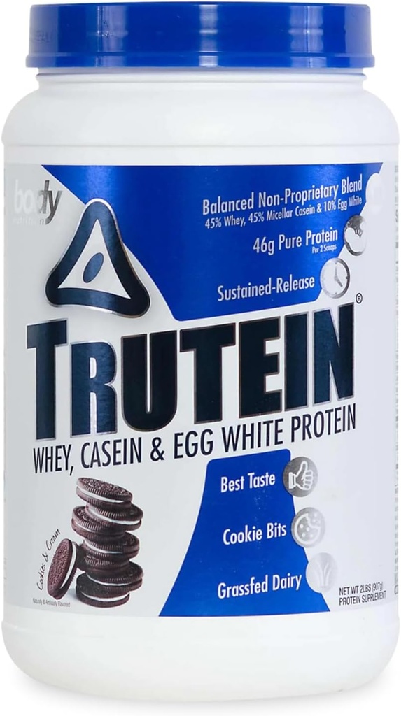 Body Nutrition Trutein High Protein Powder: 45% Whey, 45% Casein, 10% Egg White Protein Shake Mix, Low Sodium, Low Carb Protein Supplement Powder for Men & Women, Cookies & Cream, 2lb