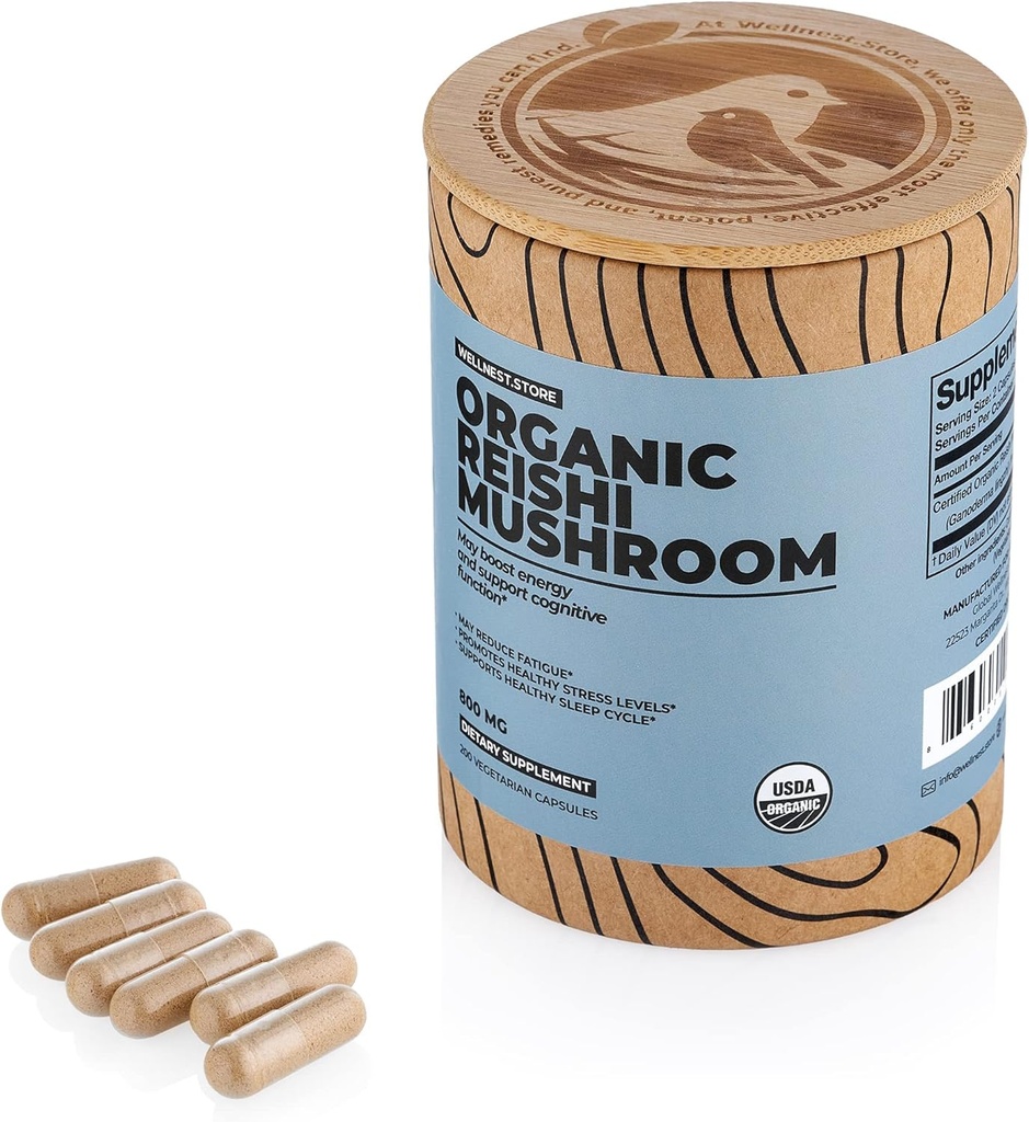 Reishi Organic Mushroom Supplement Capsules | Ganoderma Extract, Immune Support Supplement | Boosts Energy, Fights Fatigue & Supports Cognitive Function | Mushroom Extract Capsules (200)